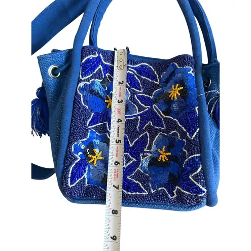 AMERICA & BEYOND Blue Beaded Floral Satchel Crossbody Bag