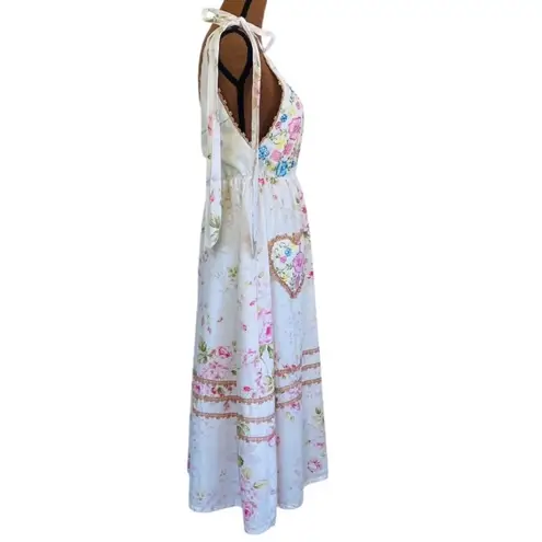 2seeyou White Floral Embroidered Deep V Neck Elastic Waist Maxi Dress Size Small