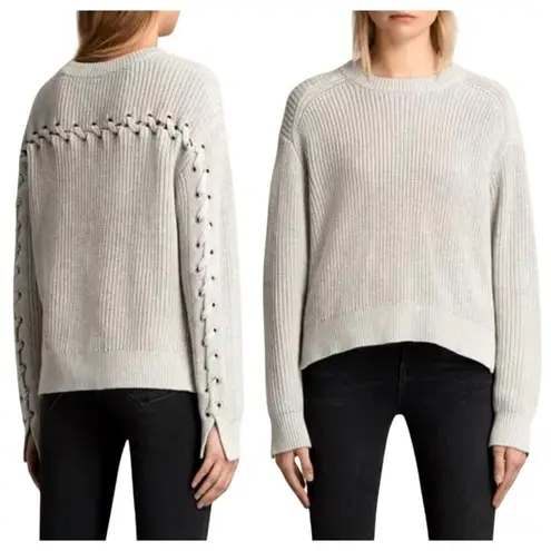 ALLSAINTS Sweater Women XS Tan Crew Neck Cotton Knit Aria Laced Short Jumper