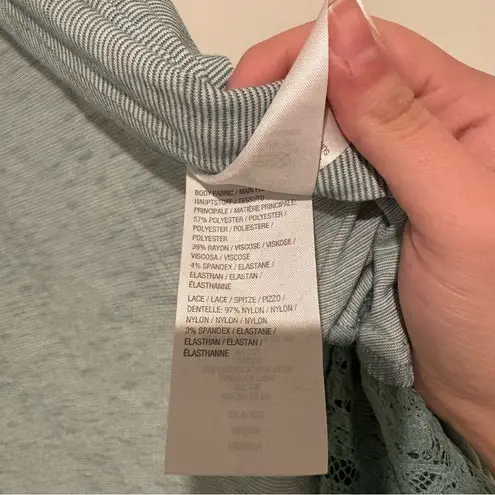 LOGO By Lori Goldstein stripe Lace Trim Tiered Ruffle Open Green Cardigan medium