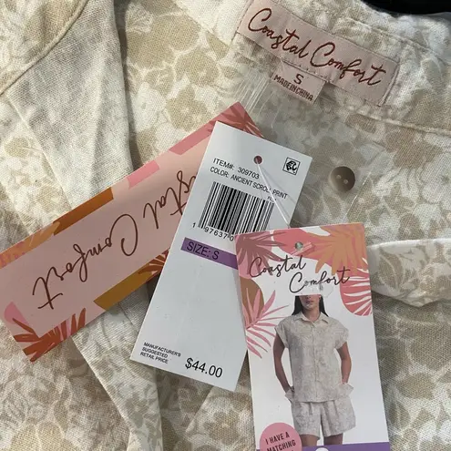 NWT Coastal Comfort Size S Tan Tropical Linen Short Sleeve Button Down Shirt