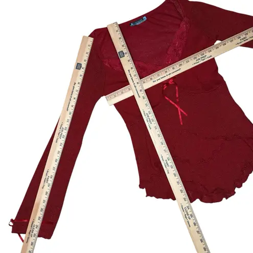 Y2K Rinascimento Babydoll Knit Top M Italian Ruffled Lace Trim Burgundy Red Bows Size M