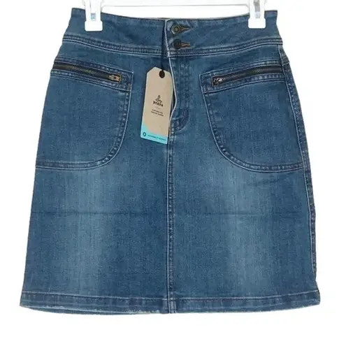 prAna NWT  Broadway Mini Jean Denim Skirt Zipper Patch Pockets 0 Blue #2633