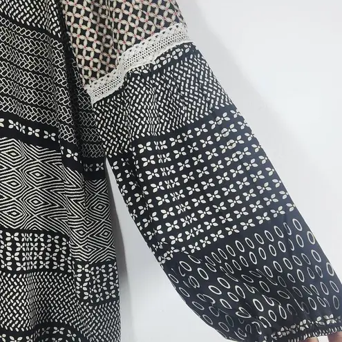 Pink Owl Black Patchwork Print Boho Blouse with Lantern Sleeves Size Medium