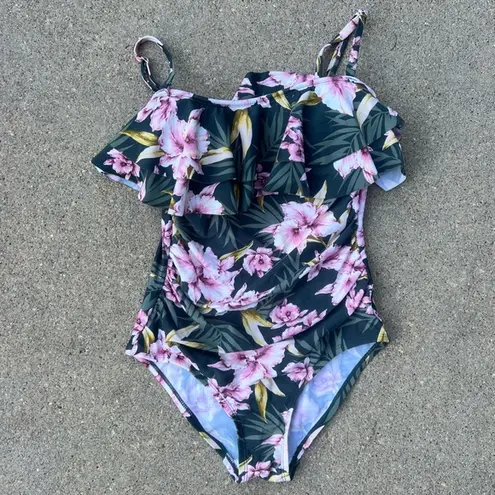 Kona Sol Double Ruffle Green Pink Tropical One Piece Swimsuit SMALL