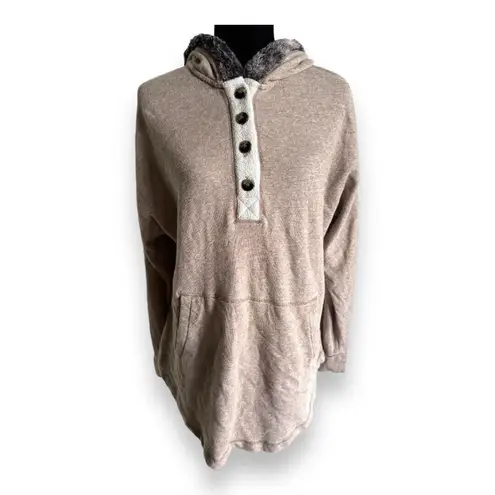 Soft Surroundings Cabin Cuddle Up Fur Trim Hoodie Tunic Terry Sweatshirt Tan M