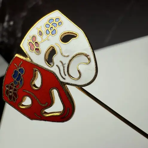Comedy Tragedy Drama Mask Lapel Stick Pin Gold Tone Enamel White Red