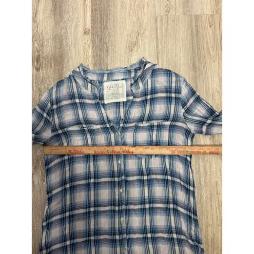 Kyla Seo Plaid Tunic Dress Embroidered Flowers Button Up Size Large Blue