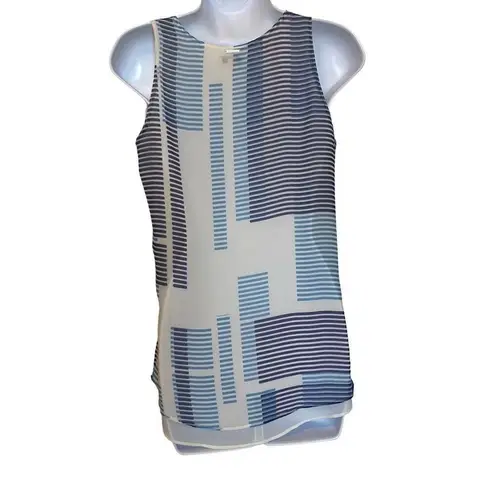 Calvin Klein Jeans Blue Cream Geometric Stripes Semi Sheer Blouse Top XS Flowy