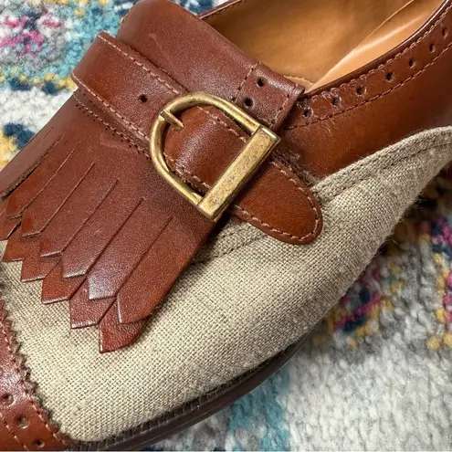 Vintage Calico Two Tone Leather & Canvas Loafers With Tassel And Buckle Detail Brown Size 8