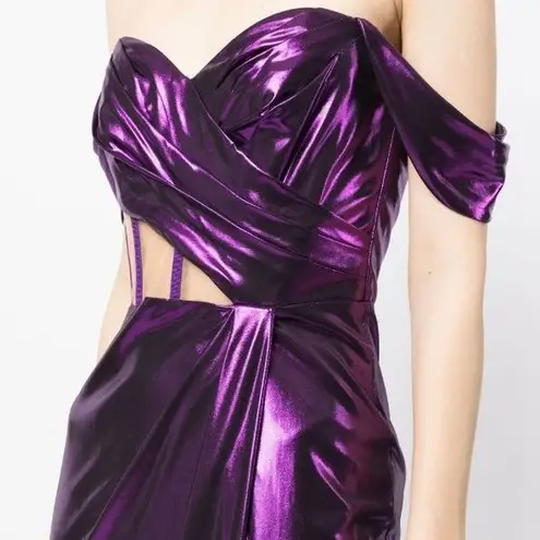 NWT Marchesa Off Shoulder Amethyst Lamé Gown Maxi With Draped Bodice Size 14 NEW Purple