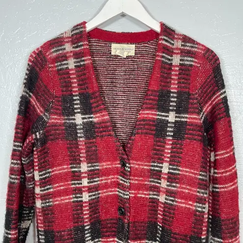 Denim & Supply Ralph Lauren Women S Red Black Mohair Wool Blend Plaid Cardigan