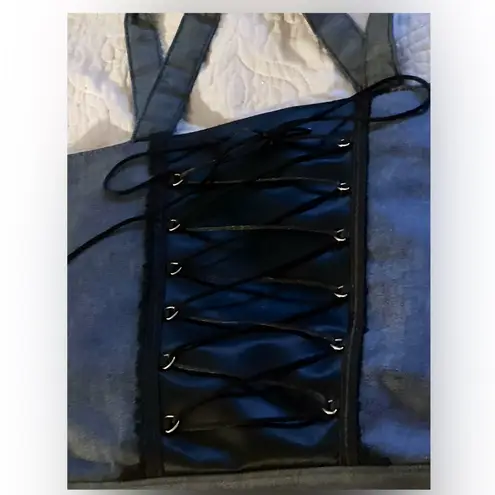 Victoria's Secret Dark Grey Denim Lace Corset Pink satin handbag purse tote bag Gray