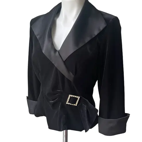 XScape by Joanna Chen Black Velvet Evening Top with Faux Belted Side, Sz 10