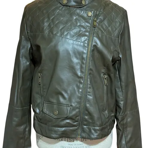 Dollhouse Moto Faux Leather Jacket Dark Olive Green Quilted Detail Size XL