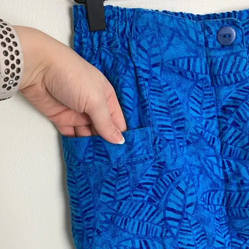 Diane Gilman 100% Linen Button Front Skirt Tropical Print Blue Women's Medium