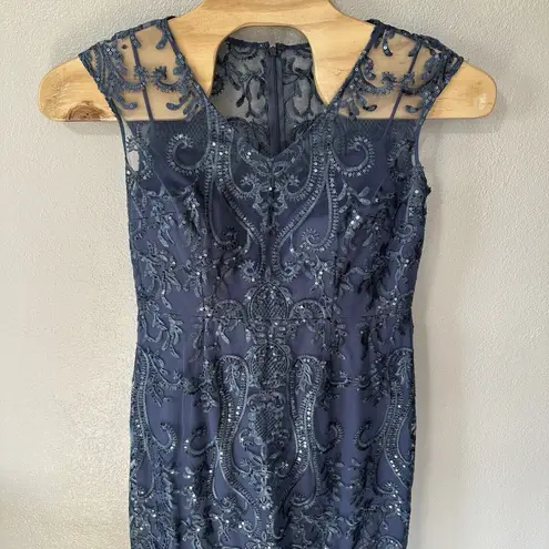 Alex Evenings Jeanne Alexander By Blue Maxi Dress Gown Size 12 Sequin Embroider