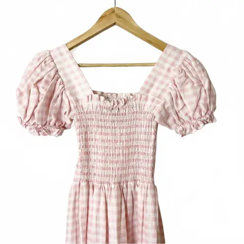Sleeper Belle Linen Dress Pink Vichy Gingham Smocked Midi Puff Women's Size XS