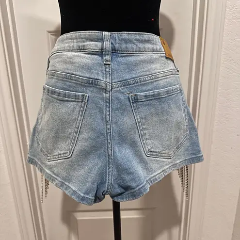 Austin Landing Light Wash Rhinestone Fringe Jean Shorts low rise size 11/30