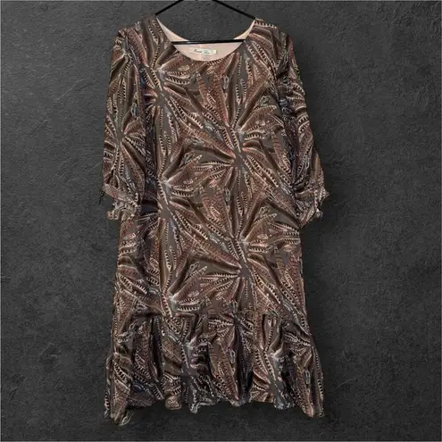 Marsodi Lux Sz L Womens Feather Print Tiered Flowy Long Sleeve Ruffle Dress Boho Pink Size L