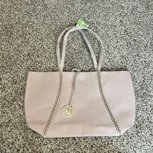 Badgley Mischka Large Taupe Leather Tote Bag with Chain Detail and Gold Hardware