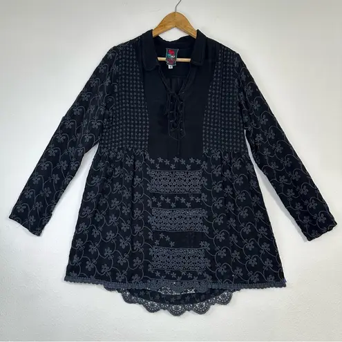 Johnny Was Eyelet Long Sleeve Black and Gray Embroidered Lace up Top /Dress
