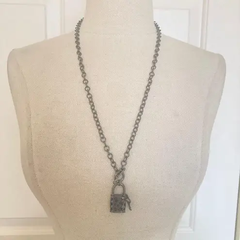 Lock and key rhinestone necklace, Gunmetal chain toggle closure, star cutouts Gray