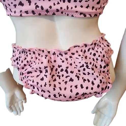 Romwe  Pink & Black Leopard Print Ruffle Strapless Bikini Swimsuit (S)