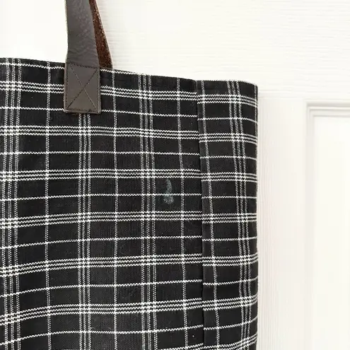 FEED Black White Grid Plaid Brown Leather Strap Tote Bag Nest Artisans