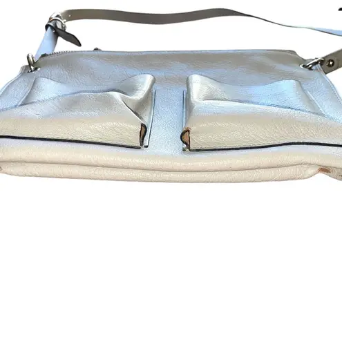 Marni Bandolier Crossbody Bag Gray Leather Silvertone Hardware Zip Top Messenger