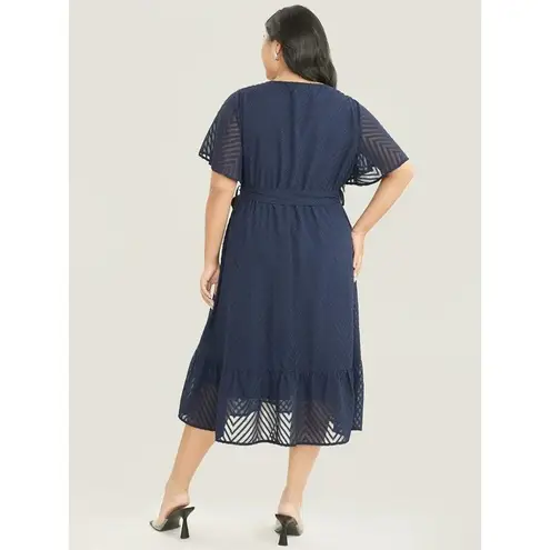 Bloomchic Plain Geometric Pocket Mesh Ruffle Sleeve Belted Wrap Dress Blue 10