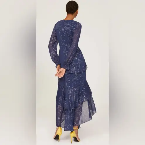 Hutch Molly Gown Navy Gold Sparkly Chiffon Ruffled Tiered Maxi Dress Sz 2