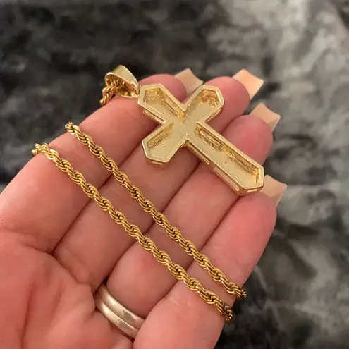 Gold Plated Stainless Steel Cross Pendant 24” Rope Chain – CZ Iced Out Necklace