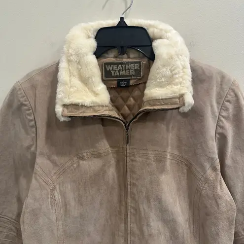 Weather Tamer VTG 90s Beige Suede Faux Fur Shearling Coat Aviator Pilot Sz Large Tan