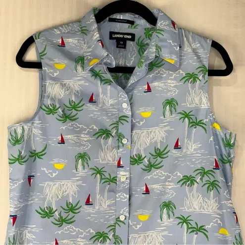 Lands' End Blue Tropical Sailing Print Sleeveless Button