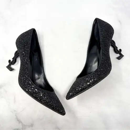 Saint Laurent Opyum Glitter 85 YSL Stiletto Pointed Toe Pumps Heels Black 38.5