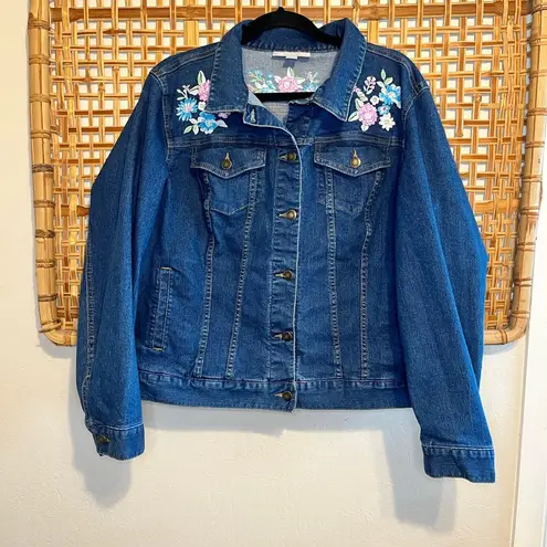 Woman Within Medium Stonewash  Embroidered Floral Jean Jacket Plus Size 16W