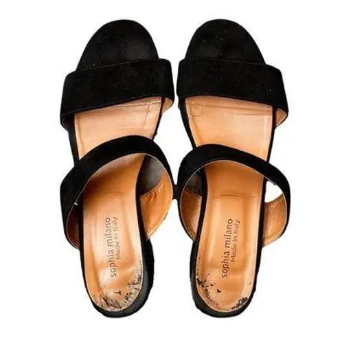Sophia Milano 9 Black Suede Block Heel Leather Women's Sandals Made In Italy Italian Summer Shoes