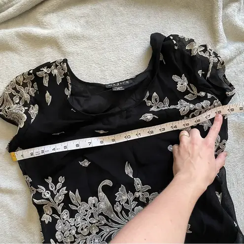 Vintage 90s Floral Appliqué Sequin Embellished Short Sleeve Mid Dress 6 Black