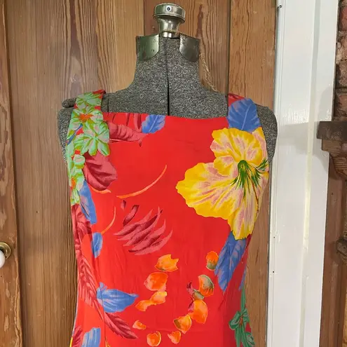 Vntg 90s K.C. Spencer New York Square Neck Bold Tropical Floral Sun Dres Sz S Red