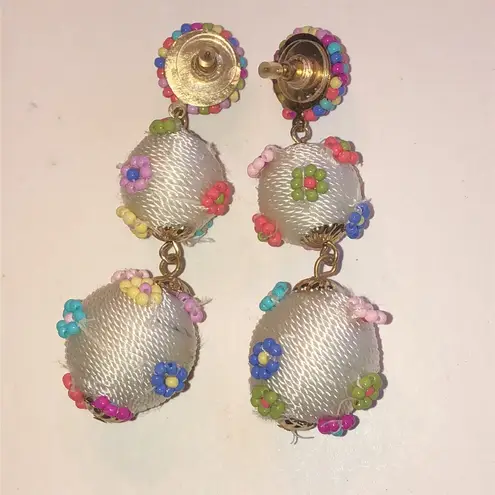 Colorful Fabric Beaded Boho Floral Beaded Ball Drop Earrings White