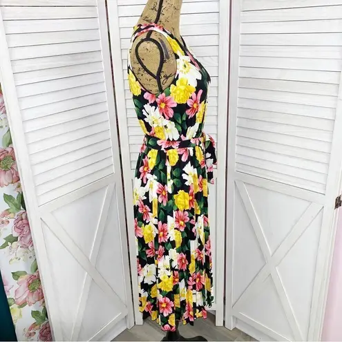 T Tahari Floral Print Accordion Pleat Belted Dress Sleeveless Black Multi Small