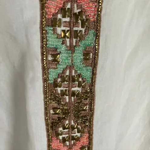 Love Sam Beaded Embroidered Tunic Top Blouse Beige Cotton Boho Women's L
