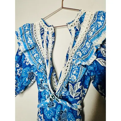 Farm Rio Full Of Flowers Blue White Lace Ruffle Deep V-Neck Jumpsuit Size Small