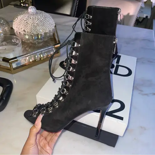 Balmain Black Lace Up Peep-Toe Suede Stiletto Booties