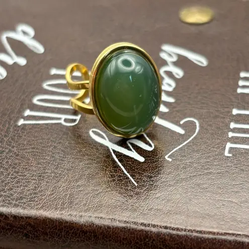 Handmade Green Jade Stainless Steel Adjustable Ring Bohemian