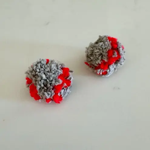 Handmade Cozy Gray & Red Pom Pom Boho Chunky Knit Yarn Earrings, Stud Post Back