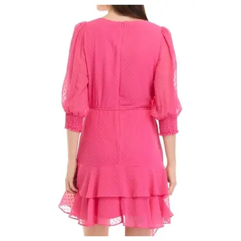 Maison Tara Faux Wrap Dress Size 6 Pink Clip Dot Ruffle Surplice Tiered Flutter