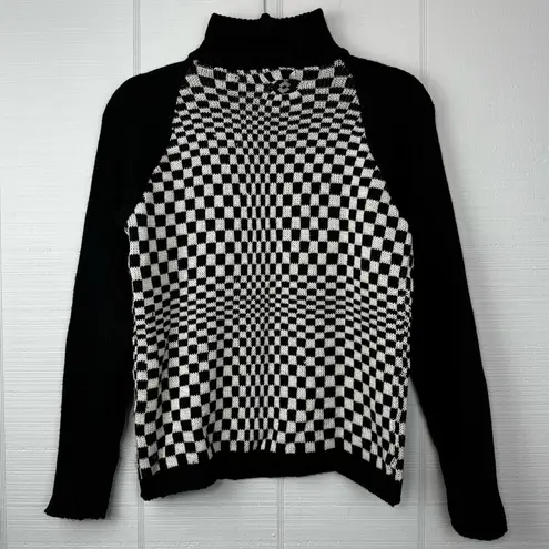 I’vory Black White Checkered Handknit Sweater Quarter Zip Turtleneck Wool Blend Size M
