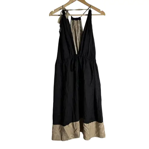 Robert Rodriguez Black Beige Silk Sleeveless Halter Cocktail Dress Size 8
